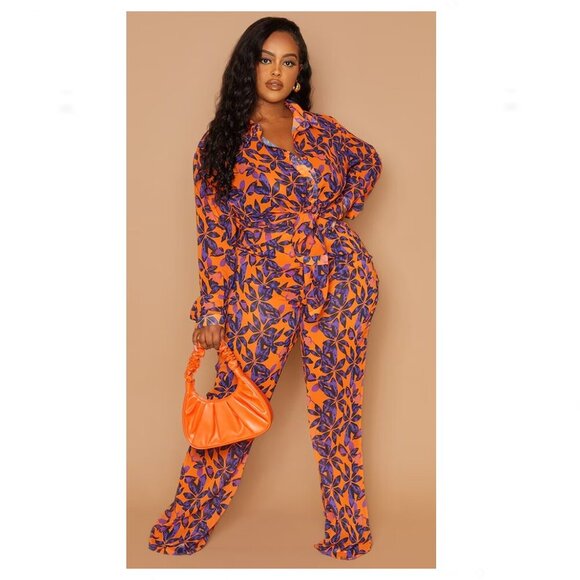 PrettyLittleThing NWT Plus Orange Print Beach Flares Size 24 Semi Sheer - Picture 1 of 4